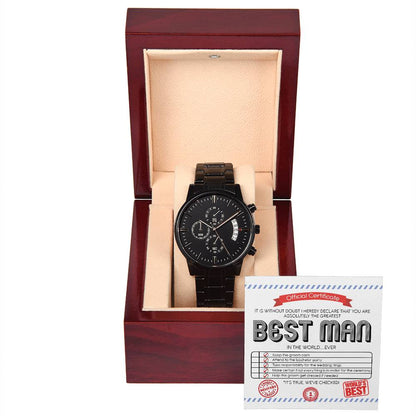 Best Man gift on wedding day, from groom to groomsman, black chronograph watch made in high quality stainless steel with message card and luxury  mahogany box