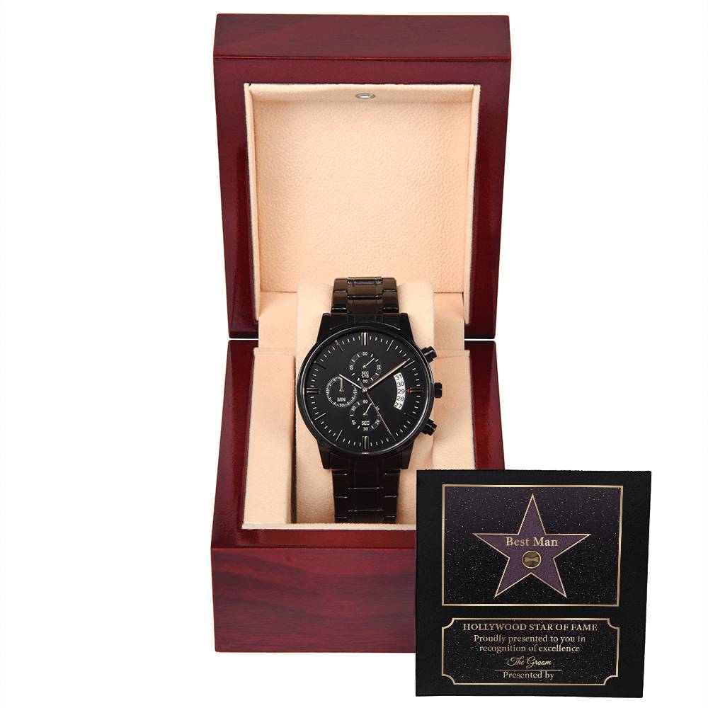 Best man present ideas for him on wedding day, message card in Hollywood star of fame style together with black chronograph watch in stainless steel metal.