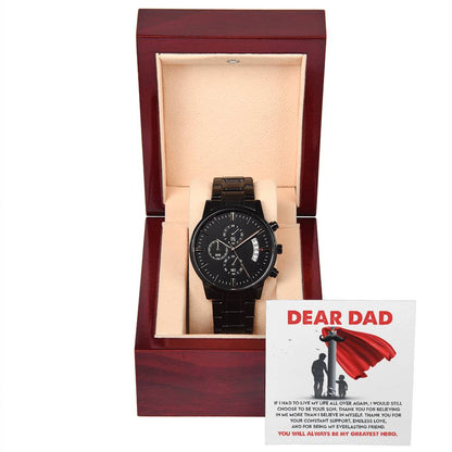 To my Dad, you will always be my hero! black chronograph watch with message card for dad on father´s day or birthday celebration.