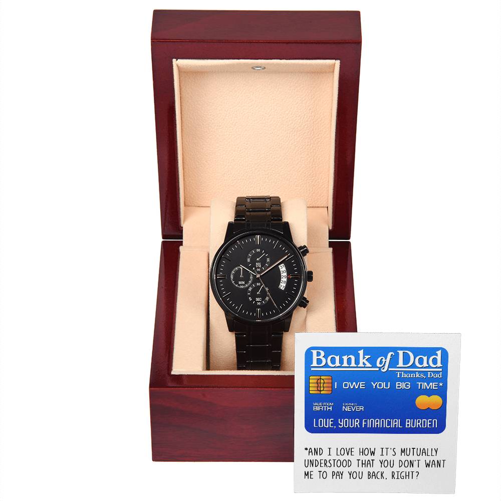 Funny message card gift for Dad, black chronograph stailess steel watch with luxury copper dial.