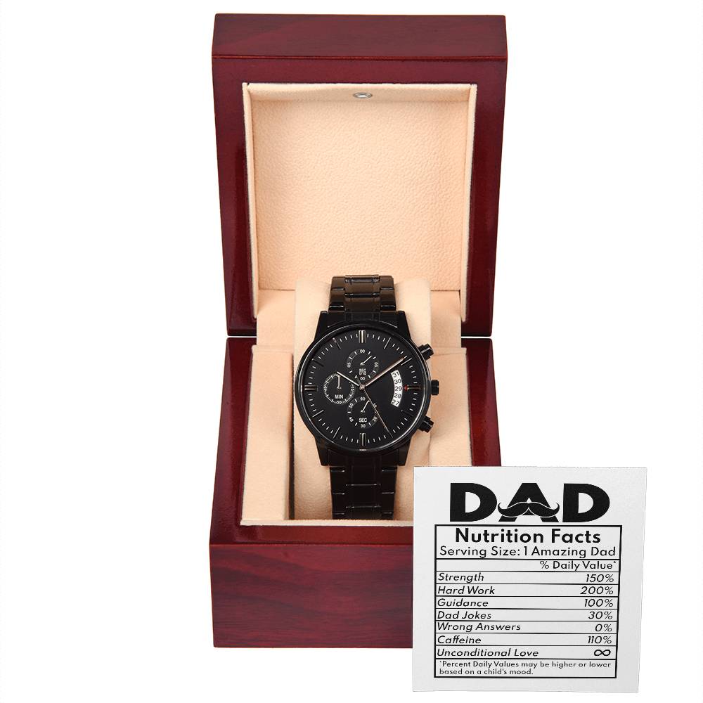 A special message card for Dad on father´s day or birthday celebration. This funny but witty gift will surely bring a smile to his face, black chronograph watch.