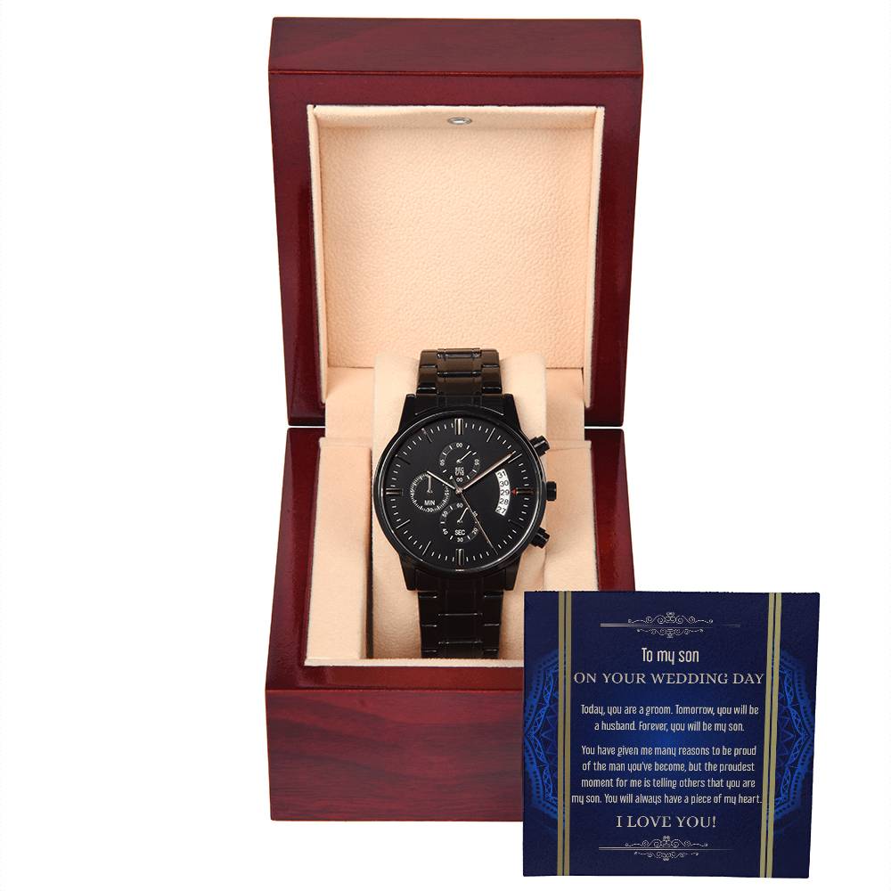 Message card with black chronograph wristwatch for son on wedding day.