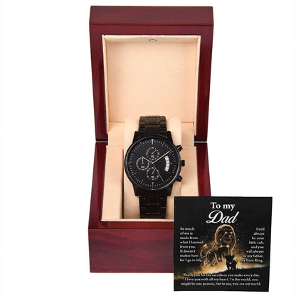 To my Dad, message card greeting includes men´s black chronographic stainless steel wrist watch with vegan leather strap.