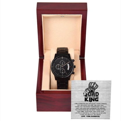 Perfect gift to Dad from daughter , message card includes black chronographic stainless  steel wrist watch.