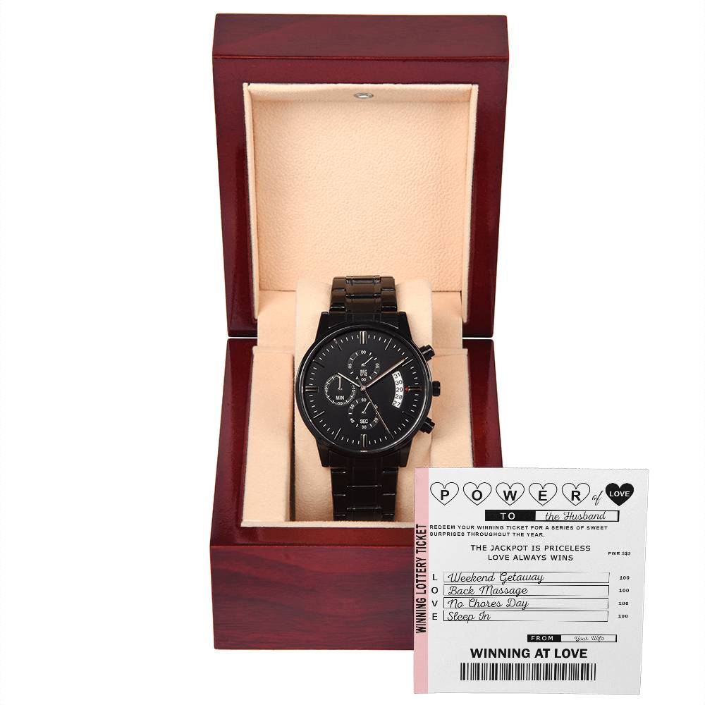 Wife to Husband gift card message with a black chronograph wrist watch with luxury copper dial.