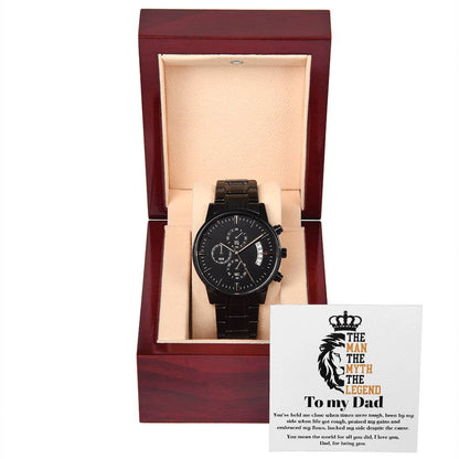 Special message card for Dad on father´s day. Celebrate Dad with this exclusive chronographic metal wrist watch.