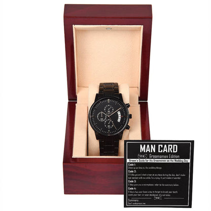 Gift idea for groomsman from groom on wedding day, message card with chronograph watch, printed and shipped from the USA.