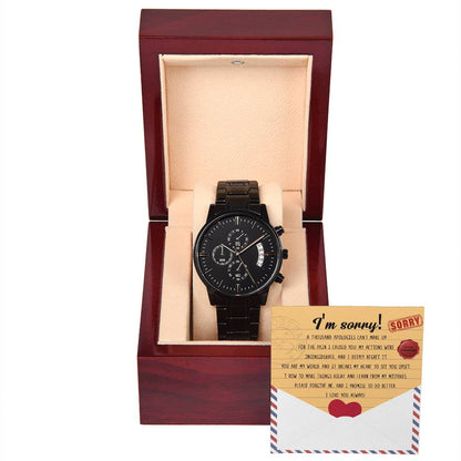 Apology from the straight from the heart from husband to wife, together with black chronograph watch.