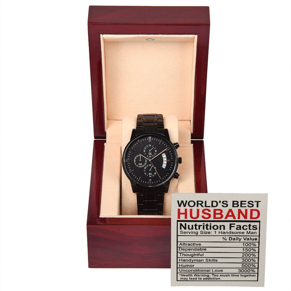 Nutrition facts for the world´s best husband. Message card with Black chronograph wristwatch.