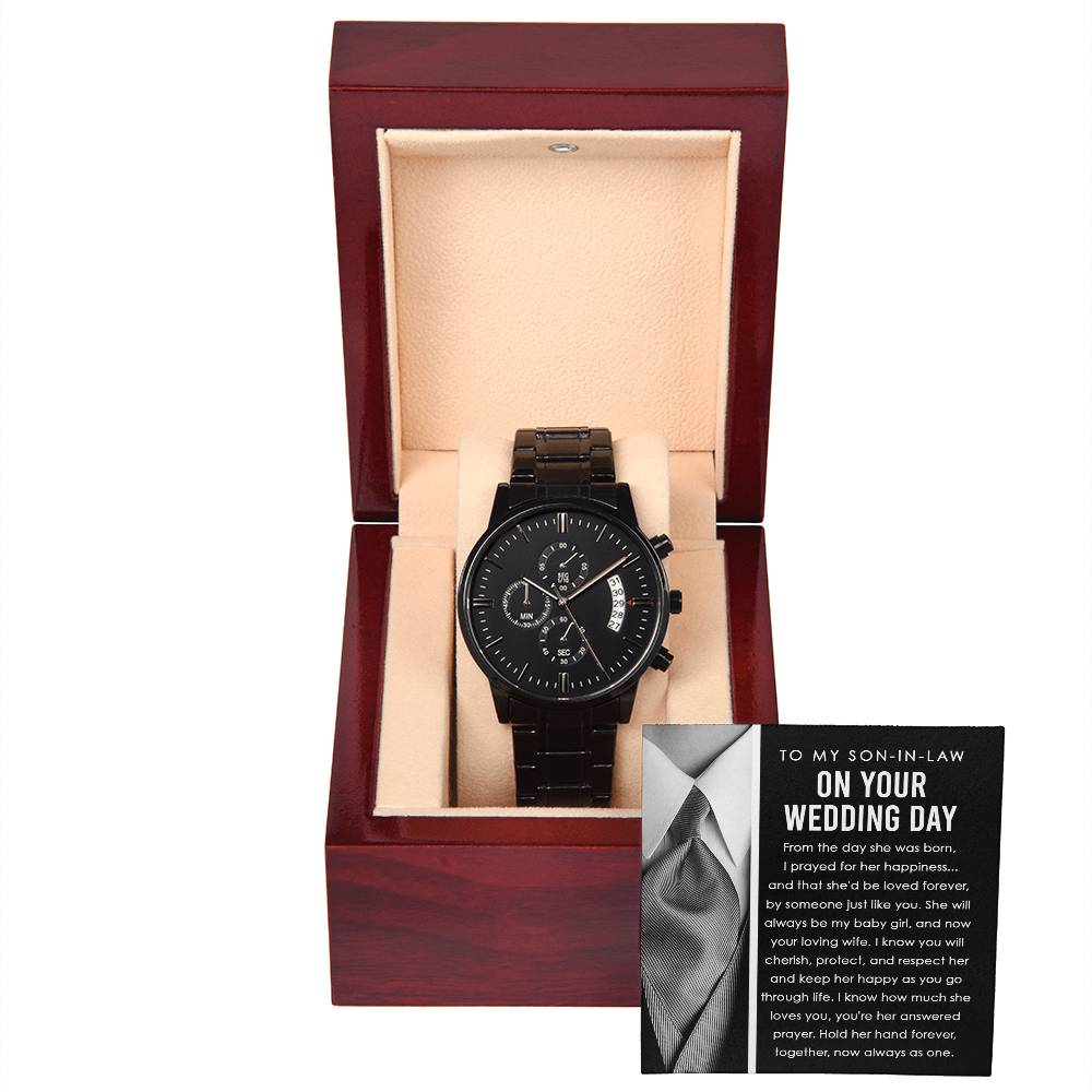 Present idea for future son-in-law on wedding day, black chronograph wristwatch with message card.