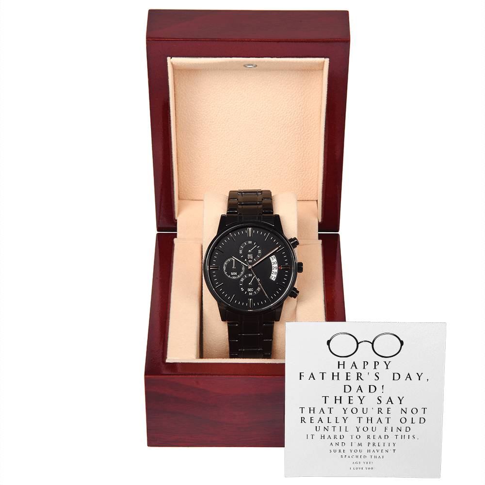 Perfect gift for Dad on Father´s day! Message card with black chronograph stainless steel watch to commemorate  Dad.