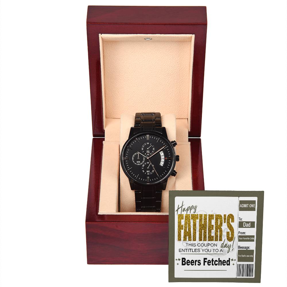 Happy Father´s day message gift card for Dad, includes black chronograph stainless steel watch with luxury copper dial.