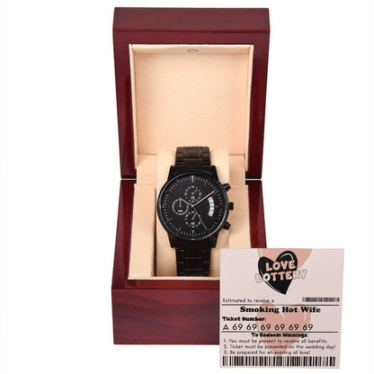 Funny gift idea for groom to bride, love lottery with husband as jackpot winner! Message card with black chronograph watch.