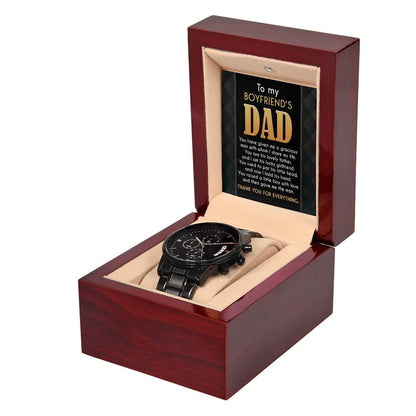 To my boyfriends dad- message card gift with black chronograph watch from girlfriend to boyfriends dad, father´s day or birthday present.