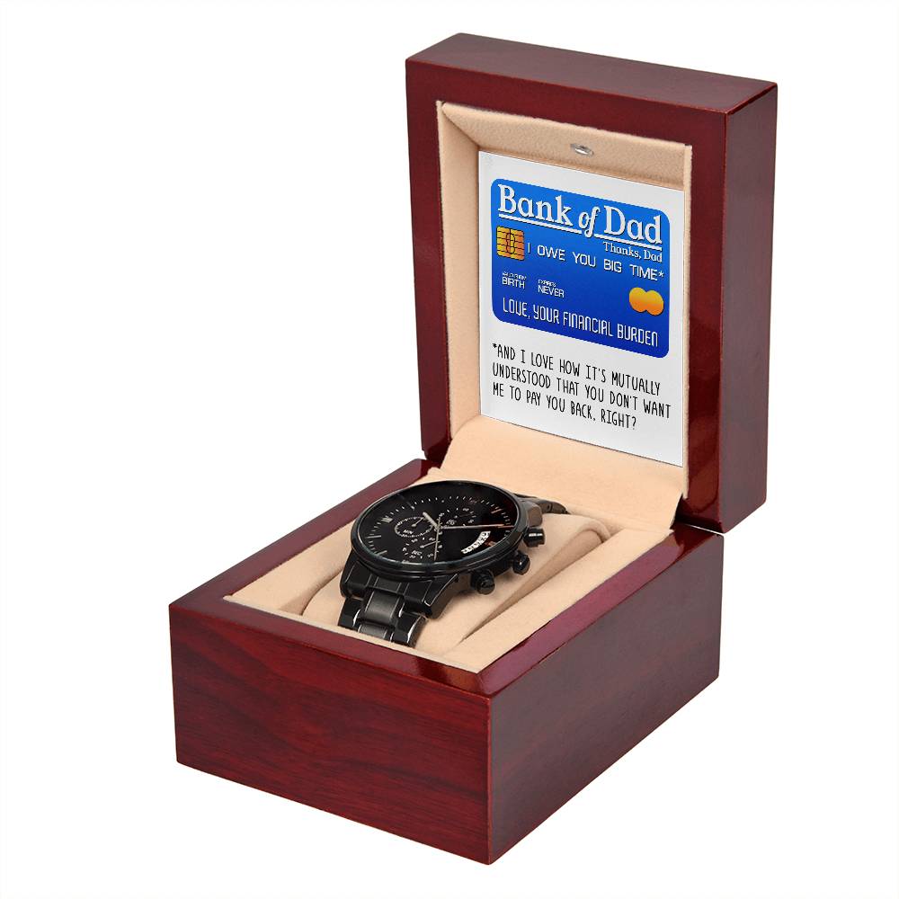 Funny message card gift for Dad, black chronograph stailess steel watch with luxury copper dial.