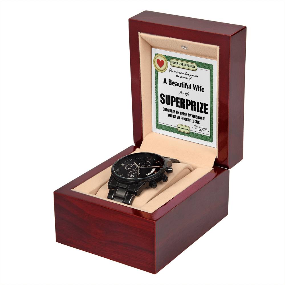 Funny gift card message from wife to husband, includes black chronograph wrist watch with luxury copper dial.