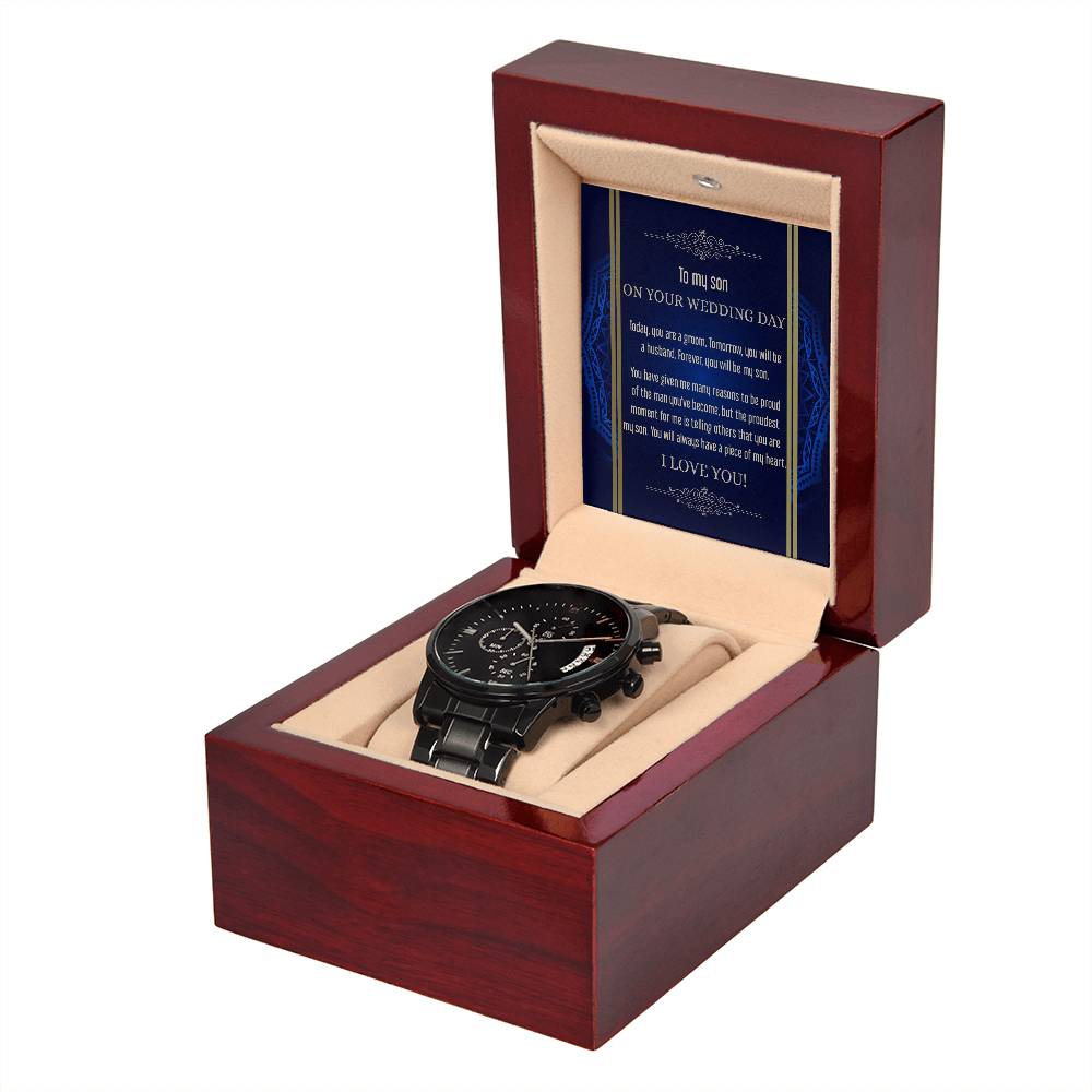 Message card with black chronograph wristwatch for son on wedding day.