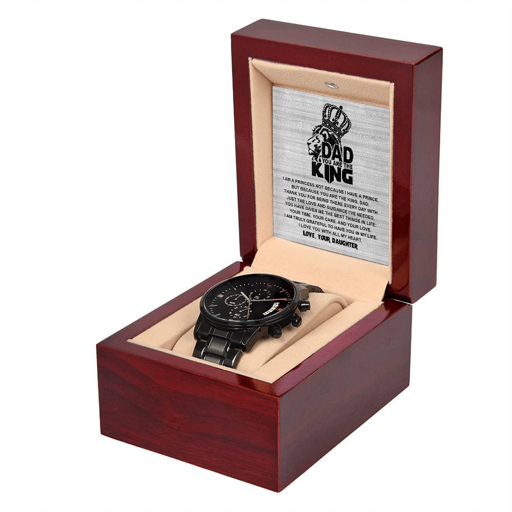 Perfect gift to Dad from daughter , message card includes black chronographic stainless  steel wrist watch.