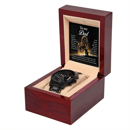 To my Dad, message card greeting includes men´s black chronographic stainless steel wrist watch with vegan leather strap.