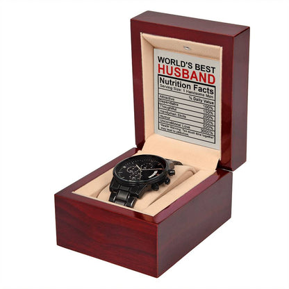 Nutrition facts for the world´s best husband. Message card with Black chronograph wristwatch.