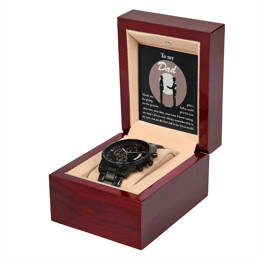 Special present for Dad on father´s day or birthday. Message gift card with black chronographic wrist watch.