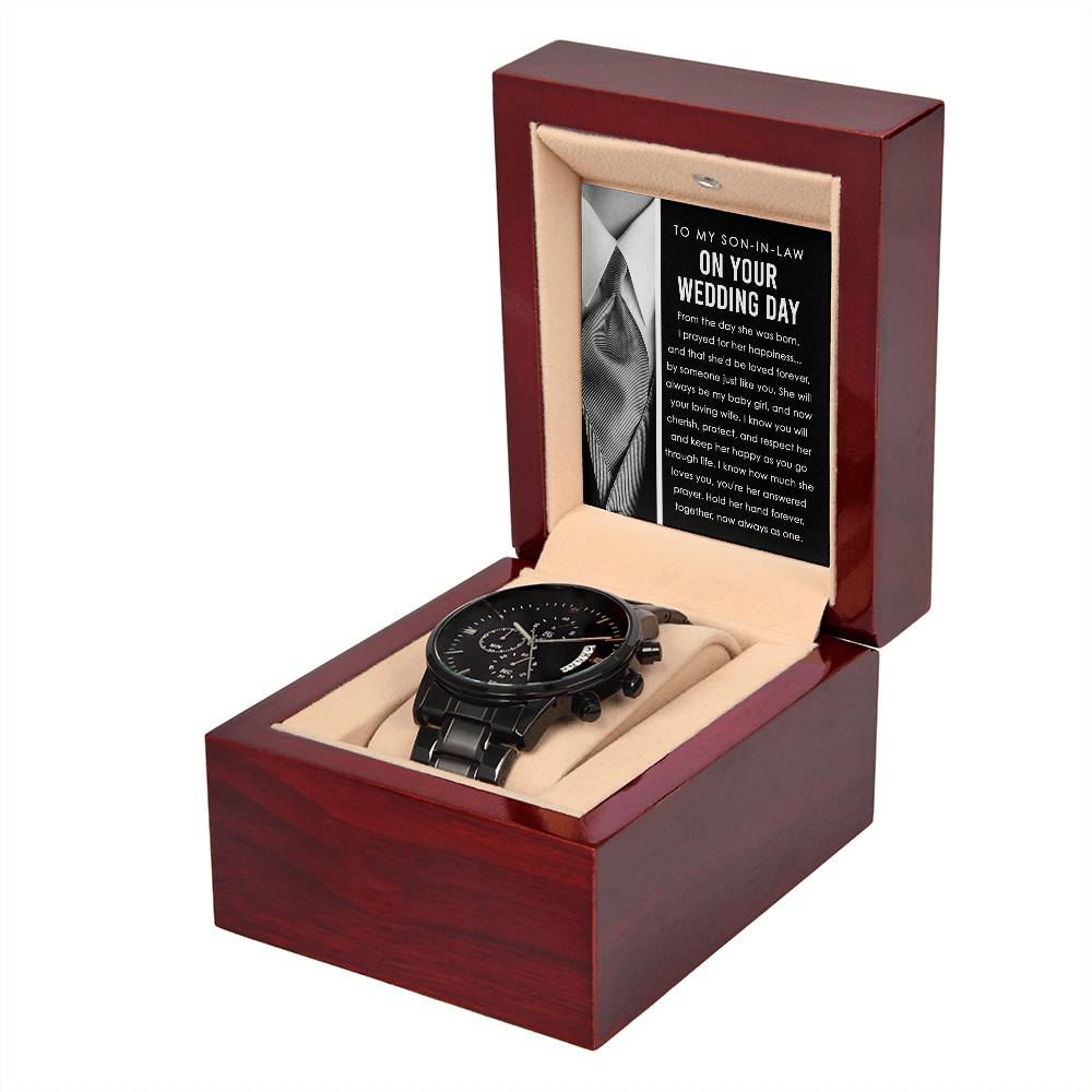 Present idea for future son-in-law on wedding day, black chronograph wristwatch with message card.