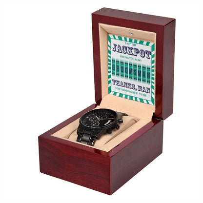 To the groomsman from the groom on wedding day, thank you gift , message card with black chronograph wrist watch .