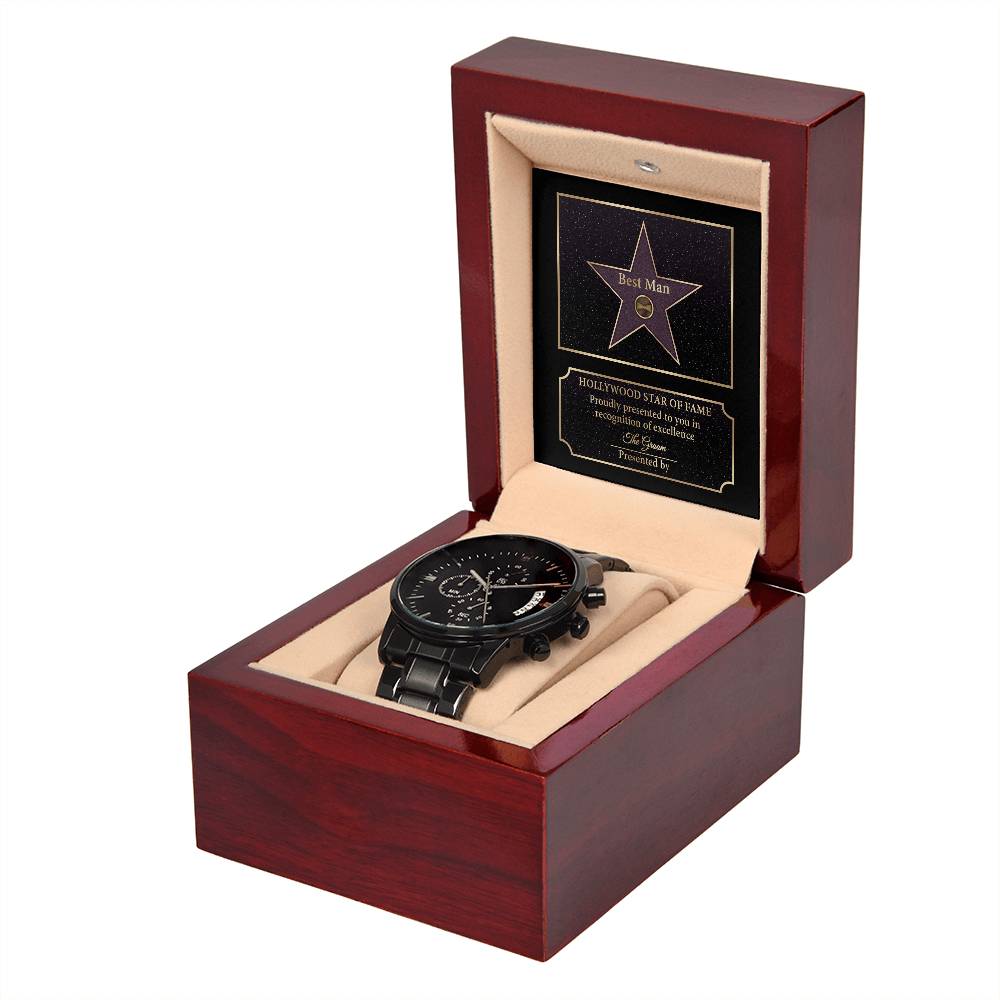 Best man present ideas for him on wedding day, message card in Hollywood star of fame style together with black chronograph watch in stainless steel metal.