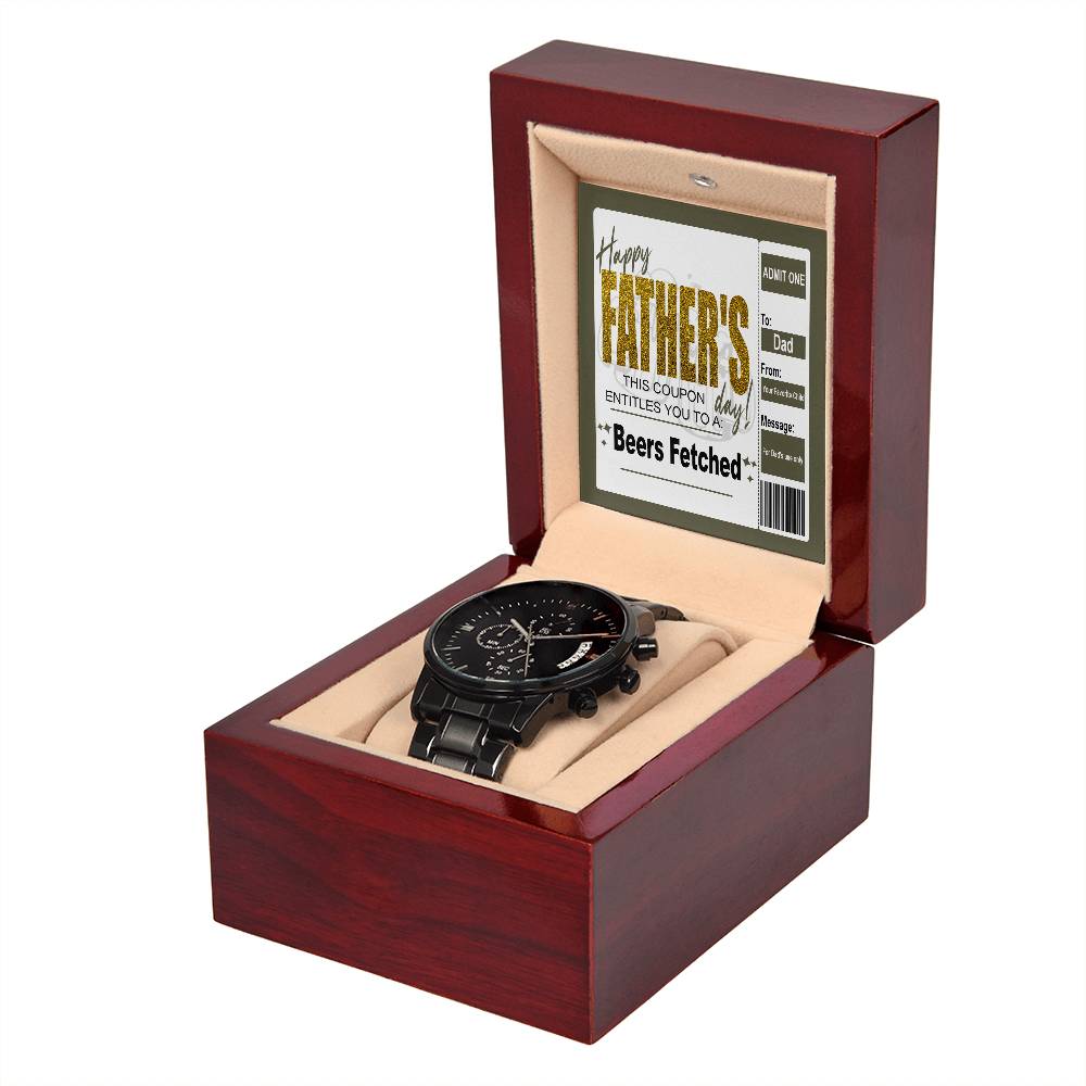 Happy Father´s day message gift card for Dad, includes black chronograph stainless steel watch with luxury copper dial.