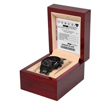 Wife to Husband gift card message with a black chronograph wrist watch with luxury copper dial.