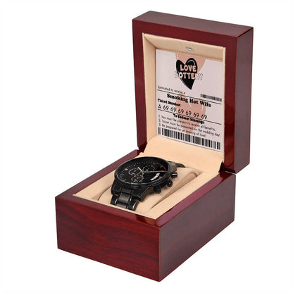 Funny gift idea for groom to bride, love lottery with husband as jackpot winner! Message card with black chronograph watch.