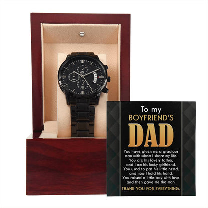 To my boyfriends dad- message card gift with black chronograph watch from girlfriend to boyfriends dad, father´s day or birthday present.