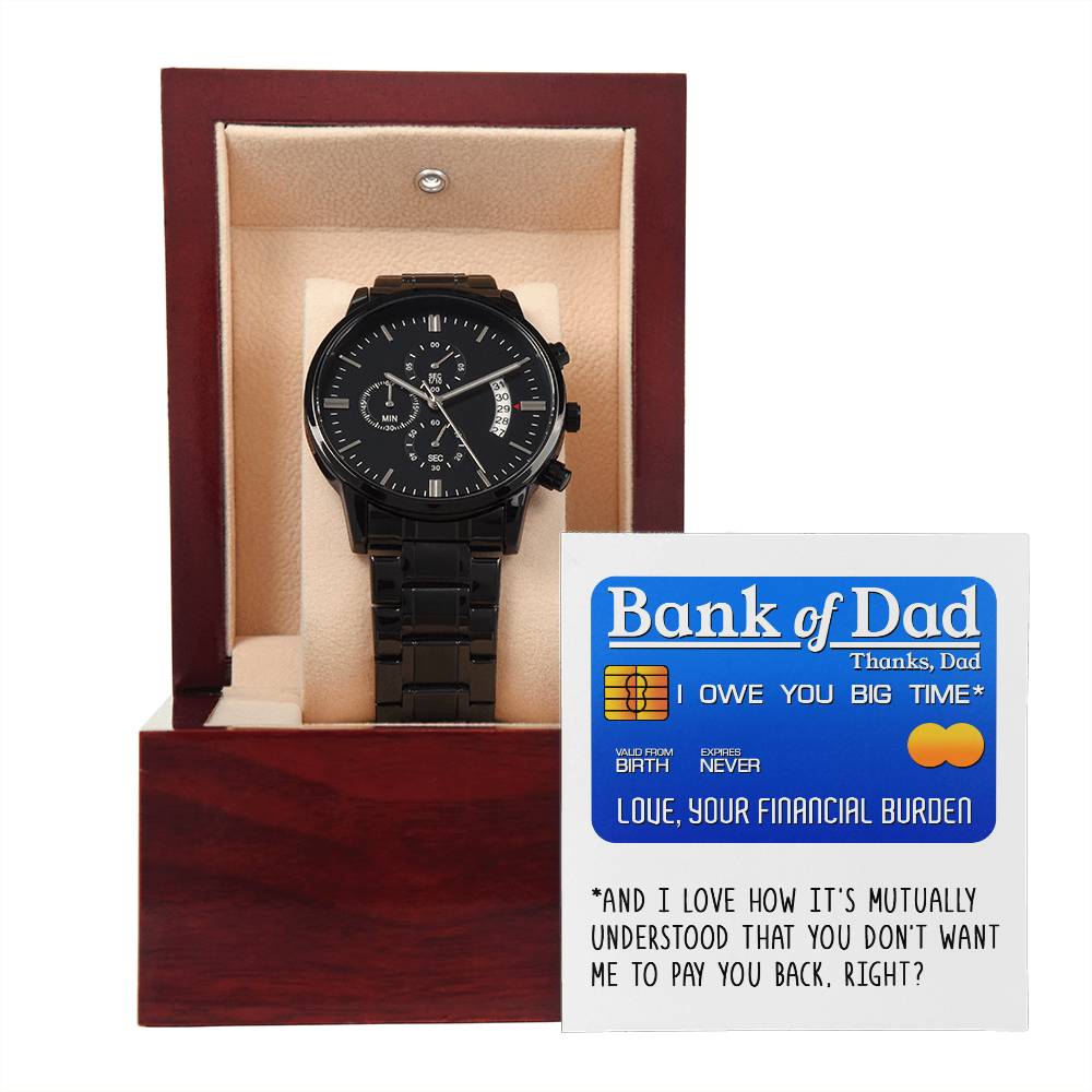 Funny message card gift for Dad, black chronograph stailess steel watch with luxury copper dial.