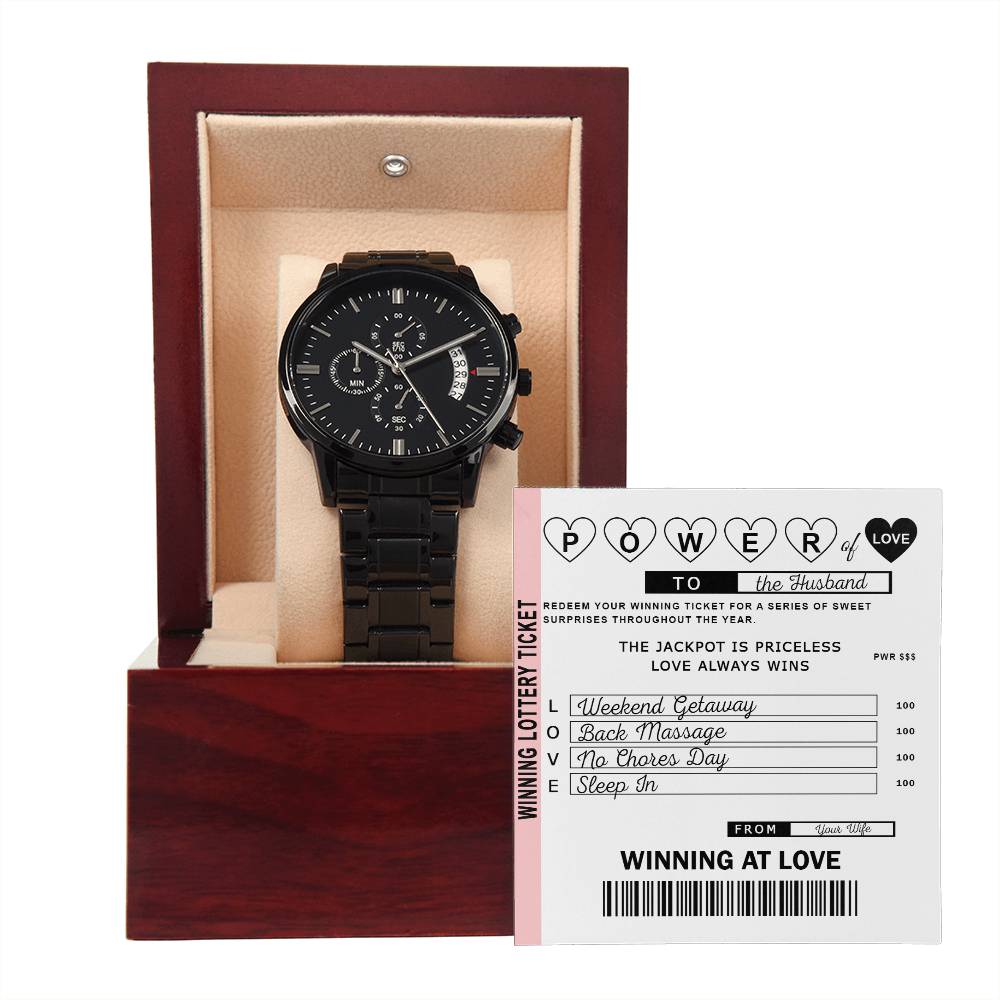 Wife to Husband gift card message with a black chronograph wrist watch with luxury copper dial.