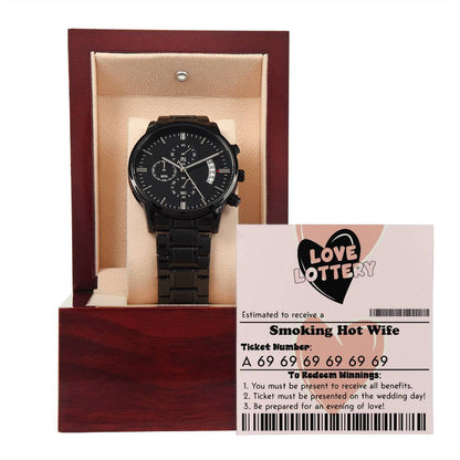 Funny gift idea for groom to bride, love lottery with husband as jackpot winner! Message card with black chronograph watch.