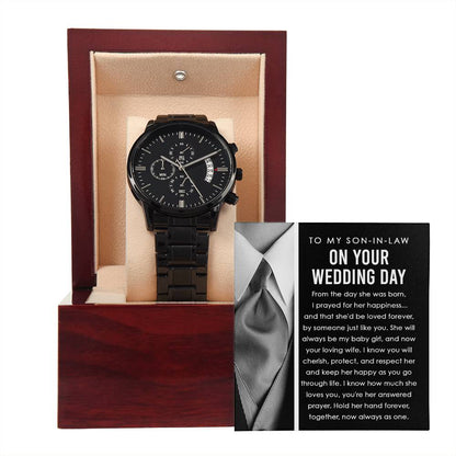 Present idea for future son-in-law on wedding day, black chronograph wristwatch with message card.