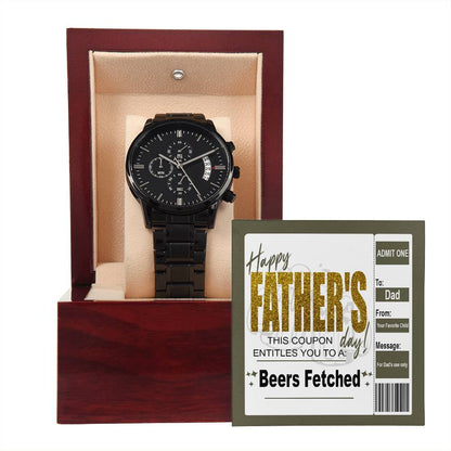 Happy Father´s day message gift card for Dad, includes black chronograph stainless steel watch with luxury copper dial.