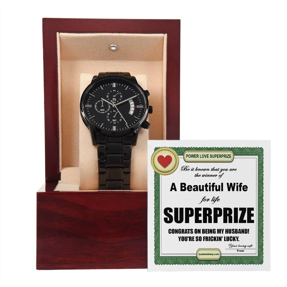 Funny gift card message from wife to husband, includes black chronograph wrist watch with luxury copper dial.