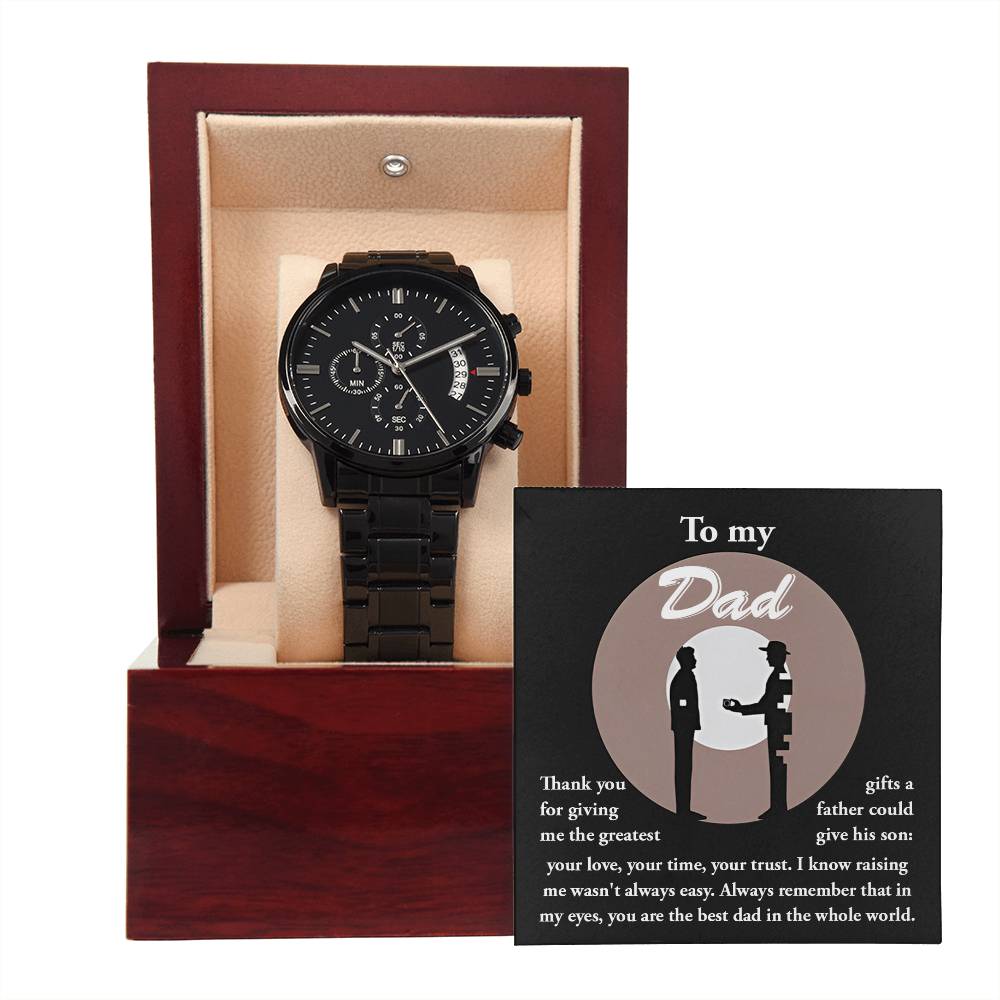 Special present for Dad on father´s day or birthday. Message gift card with black chronographic wrist watch.