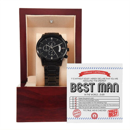 Best Man gift on wedding day, from groom to groomsman, black chronograph watch made in high quality stainless steel with message card and luxury  mahogany box