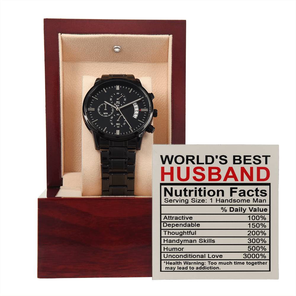 Nutrition facts for the world´s best husband. Message card with Black chronograph wristwatch.