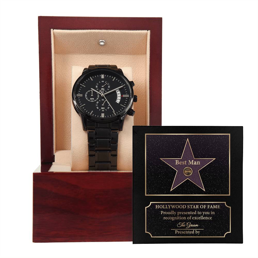 Best man present ideas for him on wedding day, message card in Hollywood star of fame style together with black chronograph watch in stainless steel metal.