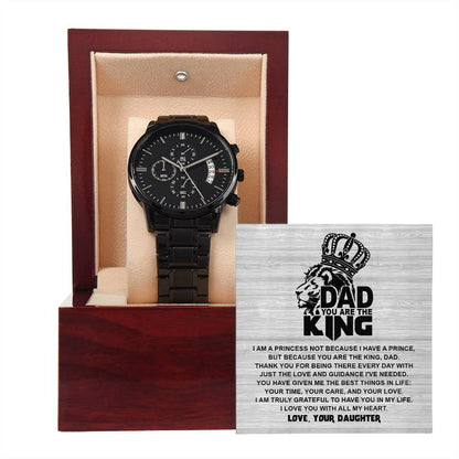 Perfect gift to Dad from daughter , message card includes black chronographic stainless  steel wrist watch.