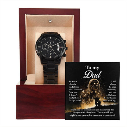 To my Dad, message card greeting includes men´s black chronographic stainless steel wrist watch with vegan leather strap.