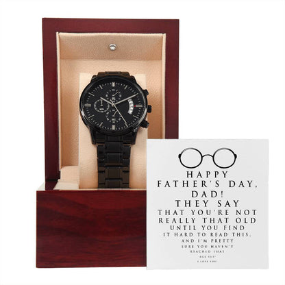 Perfect gift for Dad on Father´s day! Message card with black chronograph stainless steel watch to commemorate  Dad.