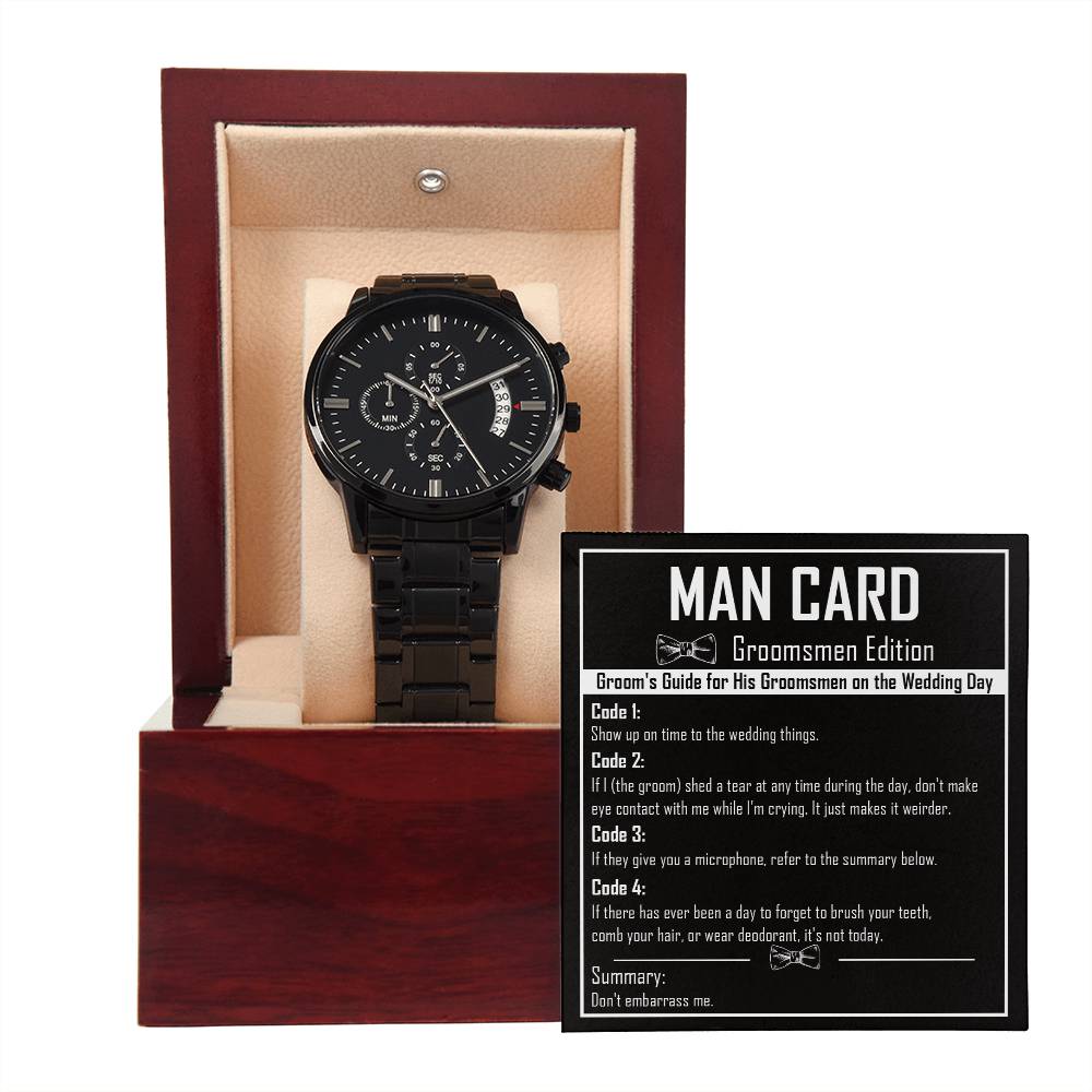 Gift idea for groomsman from groom on wedding day, message card with chronograph watch, printed and shipped from the USA.