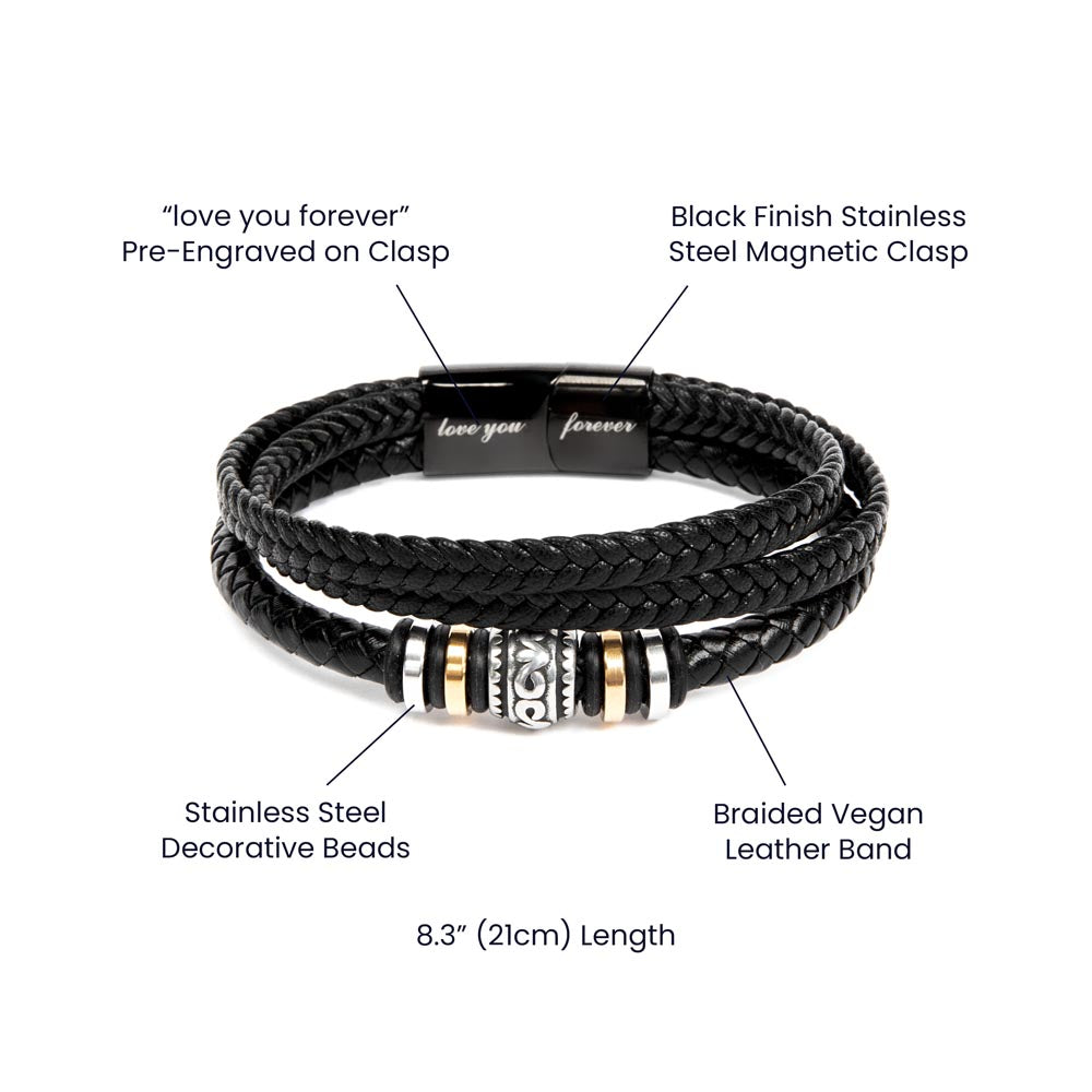 To my Dad, You are a great dad, so very special. believe me. Stainless steel vegan leather bracelet.