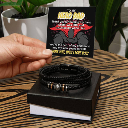 To my hero Dad, the center of my life, message card for father with stainless steel beaded vegan leather bracelet.