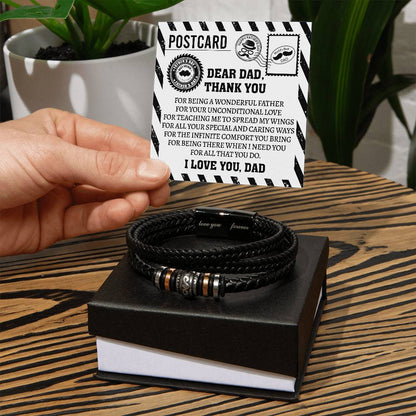 Post card to dad on father´s day and birthday. Stainless steel and vegan leather bracelet with message card .