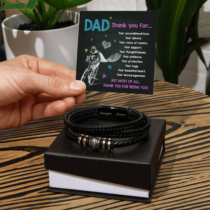 Dear dad, Thank you! Special message card for dad to acknowledge him on father´s day or his birthday. With stainless steel and vegan leather bracelet.